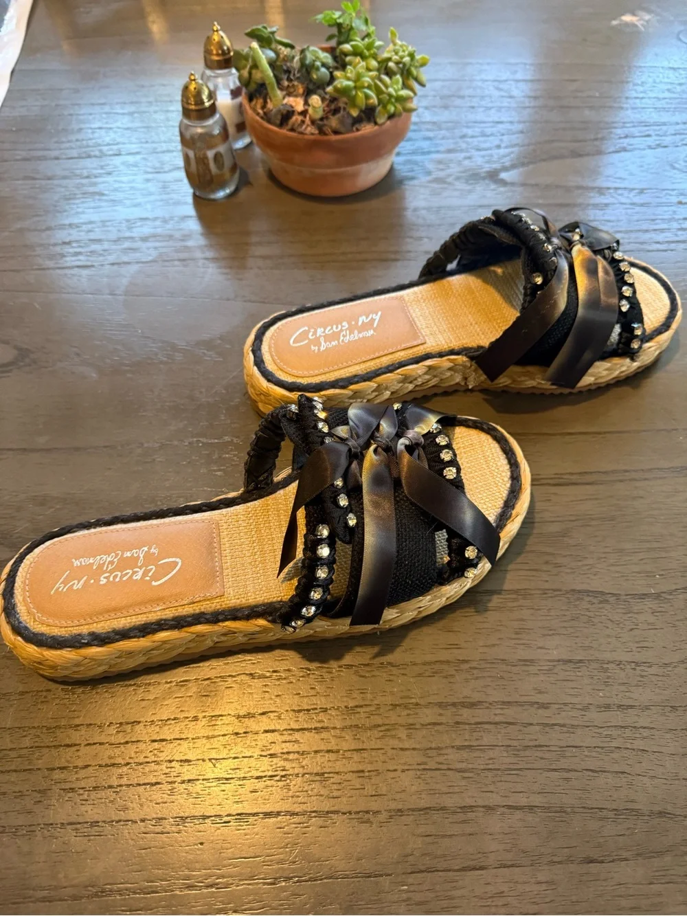 Circus by Sam Edelman Black Satin Bow Embellished Espadrille Slides